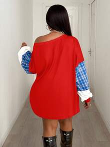 Maweii Valentine Plus Size Colorblock Numeric Print Asymmetric Shoulder T-Shirt - Red - View 2