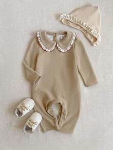 PrepCrw 1 Peça Macacão Elegante Urbano e Fofo para Bebê Menina com Detalhe Branco no Colarinho Preto de Manga Longa, Adequado para Uso Casual Diário, Passeios, Reuniões, Roupas de Bebê Menina para Outono e Inverno - Preto - Visão 1