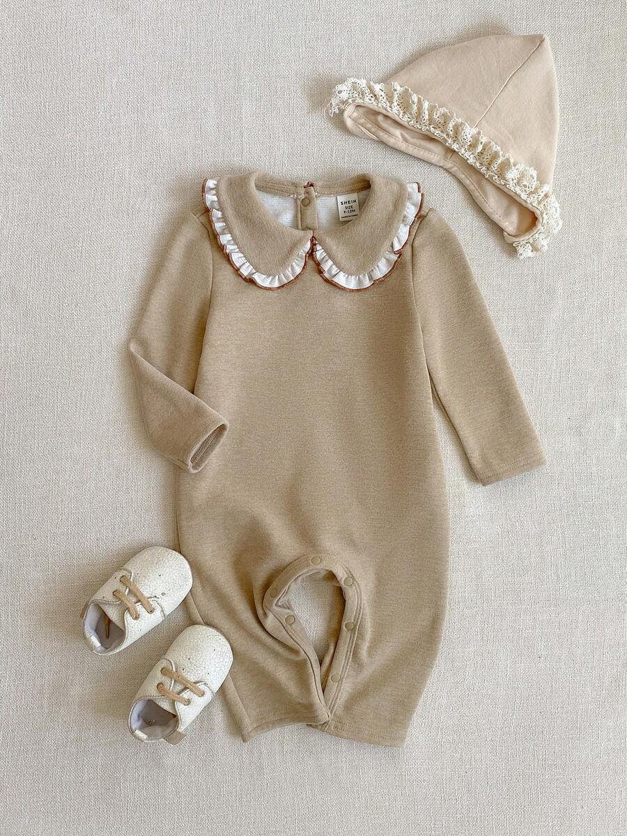 PrepCrw 1 Peça Macacão Elegante Urbano e Fofo para Bebê Menina com Detalhe Branco no Colarinho Preto de Manga Longa, Adequado para Uso Casual Diário, Passeios, Reuniões, Roupas de Bebê Menina para Outono e Inverno - Preto - Visão 1