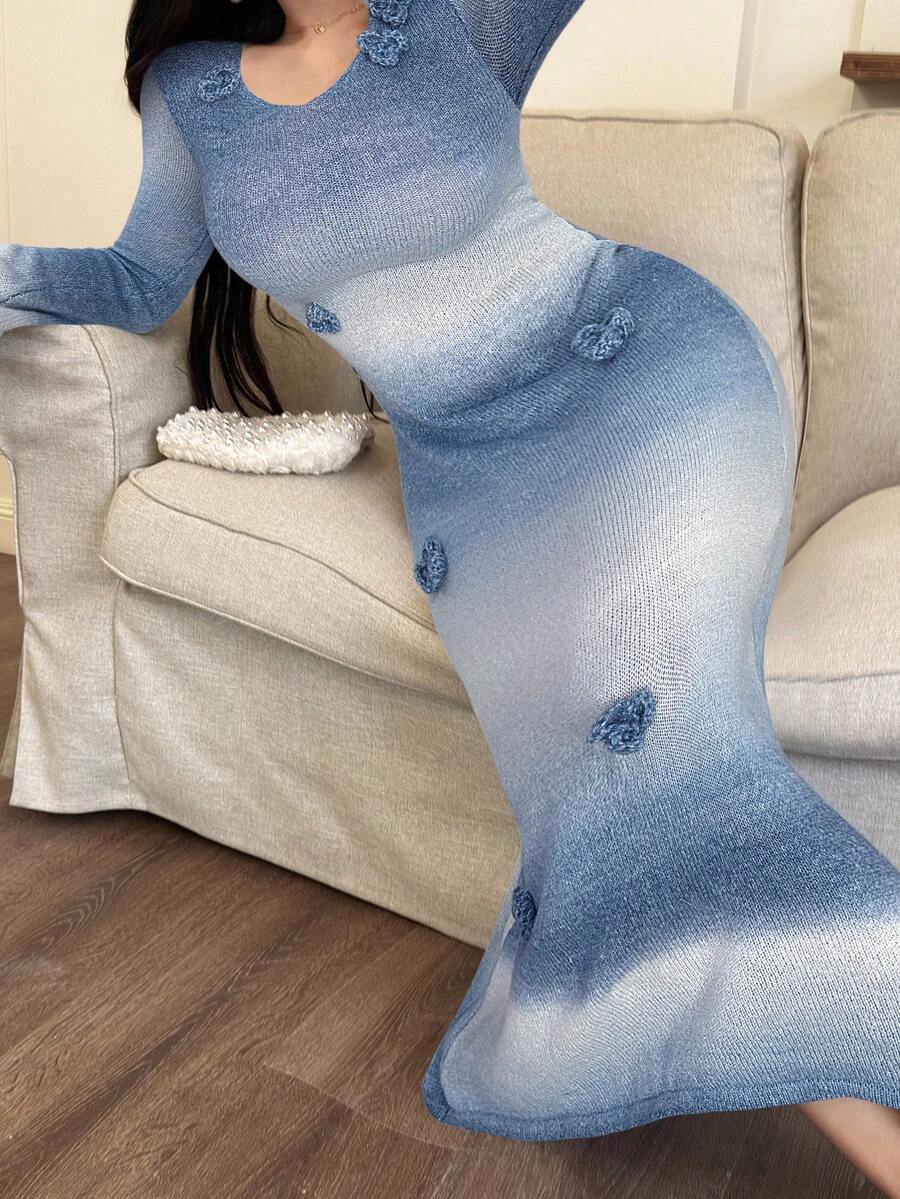 Feyla 女士花卉渐变V领优雅毛衣连衣裙 - 藍色 - 查看 1
