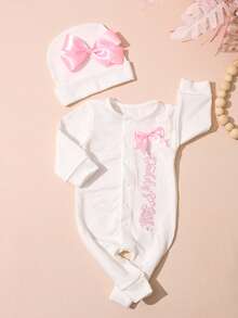 SHEIN Set de 2 piezas Conjunto de ropa para recién nacidos para salir del hospital Pelele de niña recién nacida con bordado y sombrero con lazo de cinta - Multicolor - Ver 2