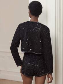 lacRébo Chaqueta corta de estilo tweed negro con sutiles lentejuelas y ribetes contrastantes - Atuendo sofisticado - Negro - Ver 5