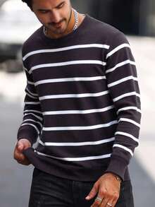 Manfinity Homme 男士条纹圆领长袖休闲毛衣，秋冬男士条纹T恤，男士毛衣上衣，男士长袖T恤，橄榄球长袖T恤，男士条纹长袖T恤，男士夏季长袖T恤，优质T恤 - 紫色 - 查看 4