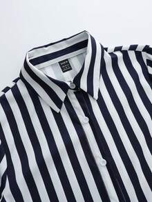 SHEIN Franclia 女士海军蓝条纹长袖衬衫+深蓝色腰部设计半身裙两件套，秋季 - 藏蓝色 - 查看 4