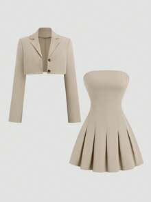 Sweetra Vintage British Style Sleeveless Pleated Dress & Casual Blazer Suit, Slimming Look - Apricot - View 1