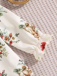 SHEIN 2pcs Baby Girl Bow Lace Trim Collar Yellow Rabbit Print Long Sleeve Top And Pants Pajama Set