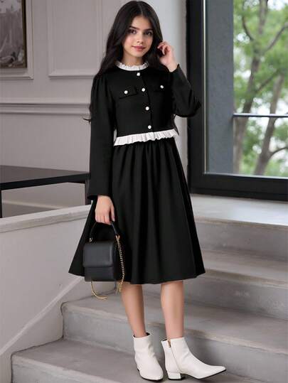 SHEIN 2pcs/Set Teens Casual Corduroy Long Sleeve Frill Collar Button Decor Jacket Top And Minimalist Woven A-Line Skirt Outfit, Suitable For Everyday Casual Wear, Autumn/Winter