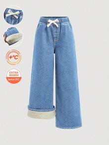 SHEIN 少女宽松基础款蓝色牛仔保暖裤，秋冬季 - 淺色水洗藍 - 查看 2