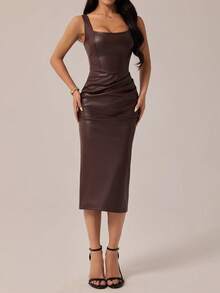SHEIN PETITE PU皮革女士棕色连衣裙，女士鸡尾酒会礼服，女士生日礼服，冬季连衣裙，秋季连衣裙，优雅派对礼服，正式礼服，晚礼服，时尚婚礼礼服 - 棕色 - 查看 6