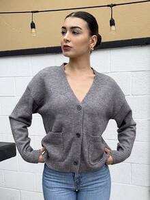 Andrea Bello Women's Solid Color Drop Shoulder Long Sleeve Casual Cardigan, Autumn & Winter,Knitted Sweater - Grey - View 3