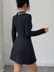 Selianne 新款优雅休闲百搭商务连衣裙，黑白撞色设计，A字黑色连衣裙，尽显女性柔美时尚，小领珍珠装饰，收腰剪裁，长袖，节日庆典装扮，适合度假、独立日、劳动节、哥伦布日、感恩节、情人节等场合。 - 黑色 - 查看 2