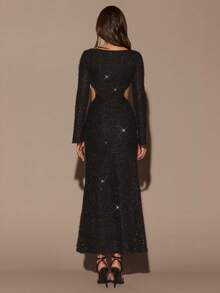 SHEIN BAE Rochie elegantă de damă, neagră, pufoasă, cu mânecă lungă, decolteu rotund, talie decupată, cataramă metalică, tiv cu coadă de pește, potrivită pentru cocktailuri, întâlniri romantice, ținute în straturi de toamnă/iarnă, petreceri, întâlniri formale, cluburi de noapte, Halloween, Crăciun - Negru - Vizualizare 2