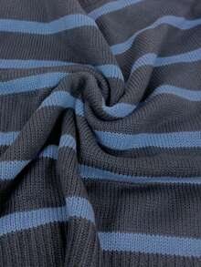EMERY ROSE Casual Round Neck Black & White Striped Pullover Sweater, College Style - Dark Grey - View 5