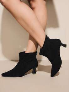 CUCCOO CURVES Fashionable Versatile Casual Retro Wide Fit High Heel Back Zipper Ankle Boots, Suitable For Daily Wear, Autumn/Winter - Black - View 3