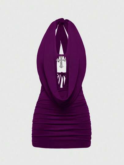 Grunge Punk Vestido mini con escote halter, nudo delantero y colgante en forma de cruz, estilo sexy Y2K para mujeres