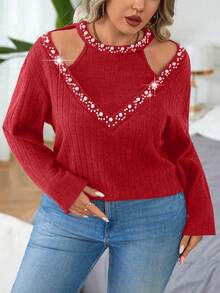 Elenzga Plus Size Women Faux Pearl Decor Cutout Shoulder Long Sleeve T-Shirt, Autumn For Spring - Red - View 8