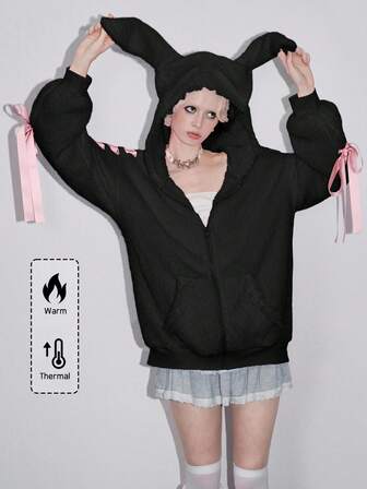 Kawaii sweat-shirt à capuche avec nœud papillon en dentelle et oreilles de lapin pour femmes