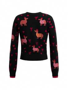 Y2Kool Brenda Ramalho Contrast Color Dachshund & Heart Cartoon Graphic Y2K Streetwear Casual Pullover Sweater Cardigan For Women, Suitable For Autumn/Winter, Party, Christmas, Daily Wear Gyaru Christmas Women Christmas Black Christmas Sweater Cardigan Women Retro 2000s Style - Multicolor - View 5