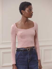 lacRébo Dusty Pink Fitted Long-Sleeve Tee - Square Neckline With Lace Detail - Pink - View 4