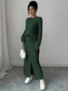 SHEIN Elenzya 女士纯色纽扣毛衣和裙子套装 - 墨綠色 - 查看 6