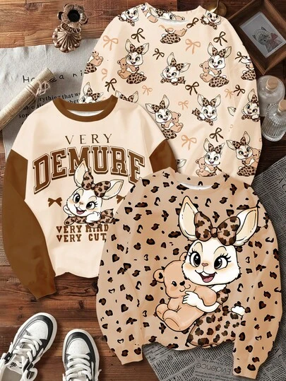 SHEIN Happikins返校季复古豹纹可爱卡通兔子图案卫衣，甜美酷炫风格，豹纹蝴蝶结装饰，复古学院风，宽松圆领卫衣，适合年轻女孩，秋冬季穿着。