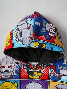 Transformers X SHEIN 2pcs/Set Young Boy Cute Cartoon Robot Print Drop Shoulder Hooded Sweatshirt And Sweatpants Knit Sporty Casual Outdoor Outfit - Black - View 3