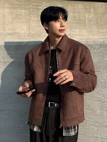 DAZY 男士加厚纯棕色麂皮绒夹克，秋冬季 - 鏽棕色 - 查看 6