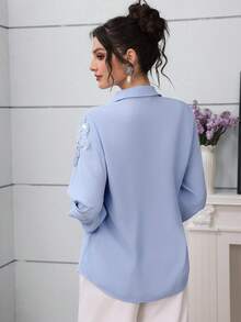 Modelyn Elegant Blue Studded 3D Sequins Floral Drop Shoulder Sleeve Fashionable Women Blouse - Blue - View 5
