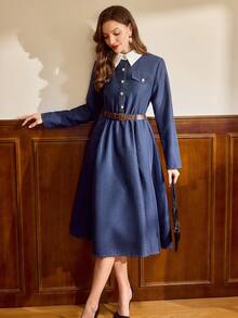 Vintamour Vintage Elegant Women's Dress With Pockets, Waist Belt, Contrast Buttons, Casual Commute Holiday Dress Navy Blue School - Blue - View 6