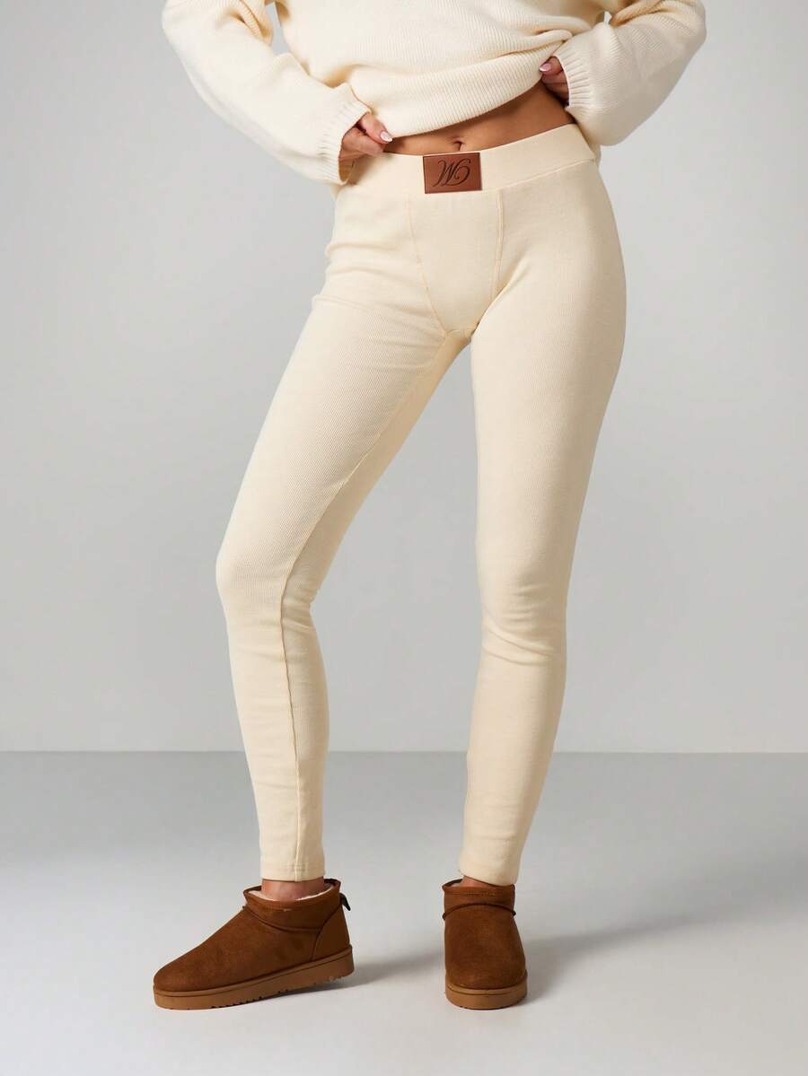 MISSGUIDED Cream Ribbed High Rise Skinny Leggings Fitted Stretch Pants For Casual Loungewear Winter Comfort Neutral Basics - Apricot - View 1