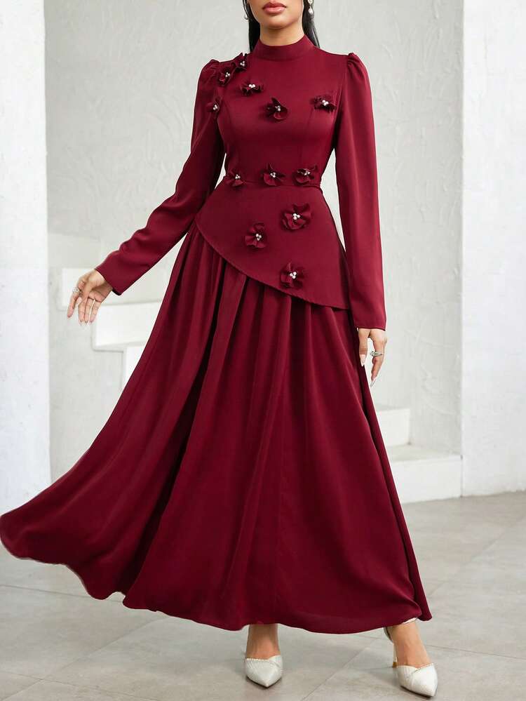 Veilorie Damen Stehkragen Puffärmel Elegantes Kleid im arabischen Stil mit Blumendekoration - Bordeaux - Übersicht 1