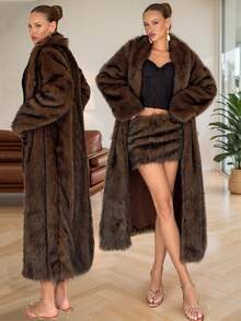 Rafferiza Sexy Faux Fur Fashion Pleated Low Waist Bodycon Furry Mini Skirt - Brown - View 1