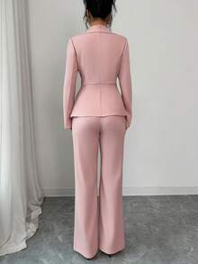 SHEIN Elenzya 女士优雅荷叶边下摆西装外套搭配直筒裤套装，浪漫精致的商务装扮 - 粉色 - 查看 2
