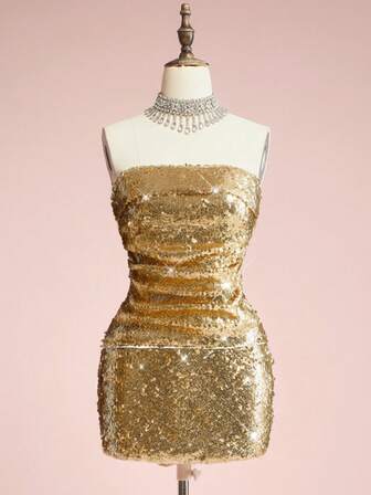 ROMWE Avant Damen Zweiteiler aus einfarbigem Pailletten-Bandeau-Top und Mini-Rock, elegante Mode