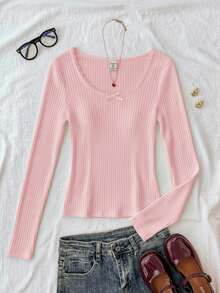 SHEIN Teen Girl Solid Color Round Neck Lace Trim Bow Decor Raglan Long Sleeve Casual Fitted T-Shirt - Pink - View 7