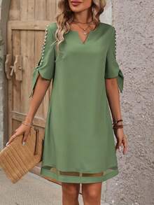 SHEIN Clasi 女士优雅度假风简约纯色V领开衩袖仿珍珠装饰网纱拼接连衣裙，夏季 - 淡綠 - 查看 3