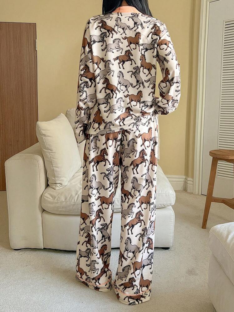 Animal Print Contrast Color Patchwork Women Pajama Set
