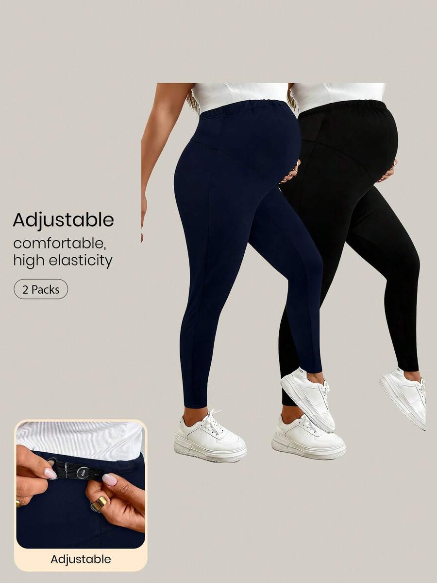 Modmama Plus Size Adjustable Waist Solid Color Casual Leggings, Suitable For Pregnant Women Pregnancy Clothing Maternity Leggings Leggings Plus Size Maternity Workout Clothes Pregnancy Pants - Navy Blue - View 1