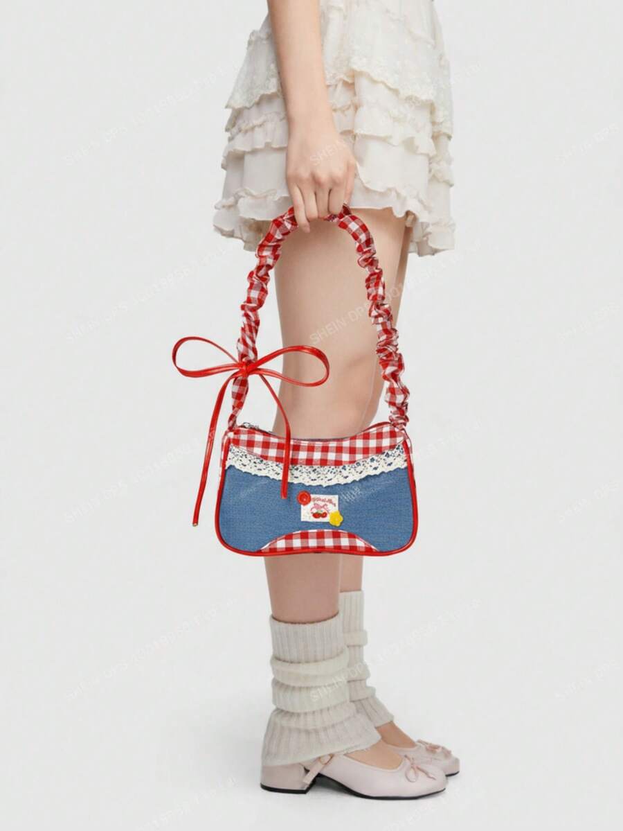 ROMWE Kawaii 1 件红色尼龙面料光滑拉链抽绳带纽扣装饰时尚休闲夏季新款独特斜挎包，适合女性日常使用 - 紅色 - 查看 1