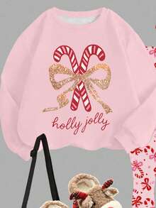 2pcs Tween Girl Casual Pink Christmas Holiday Set,Glitter Bow & Candy Cane Pattern Long Sleeve Sweatshirt & Leggings,Autumn Soft Comfortable Outfit - Multicolor - View 5