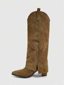 CUCCOO SZL Botas altas hasta la rodilla de tacón alto, de estilo occidental y versátiles para uso diario, con puntera puntiaguda para mujeres - Caqui - Ver 4