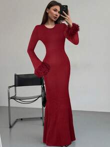 Aloruh Váy dài màu trơn co giãn ôm eo họa tiết lông chắp vá thời trang mới, màu đỏ rượu - Màu Đỏ Sâu - Xem 6