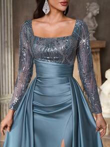 Aureia Elegantes, luxuriöses Meerjungfrauenkleid im Maxilänge mit Blumen, Perlen und Pailletten, durchsichtige lange Ärmel und ausgestellter Saum, geeignet für Hochzeiten, Partys, Urlaub, Galas, formelle Anlässe (starke Verzierung) - blauer See - Übersicht 4