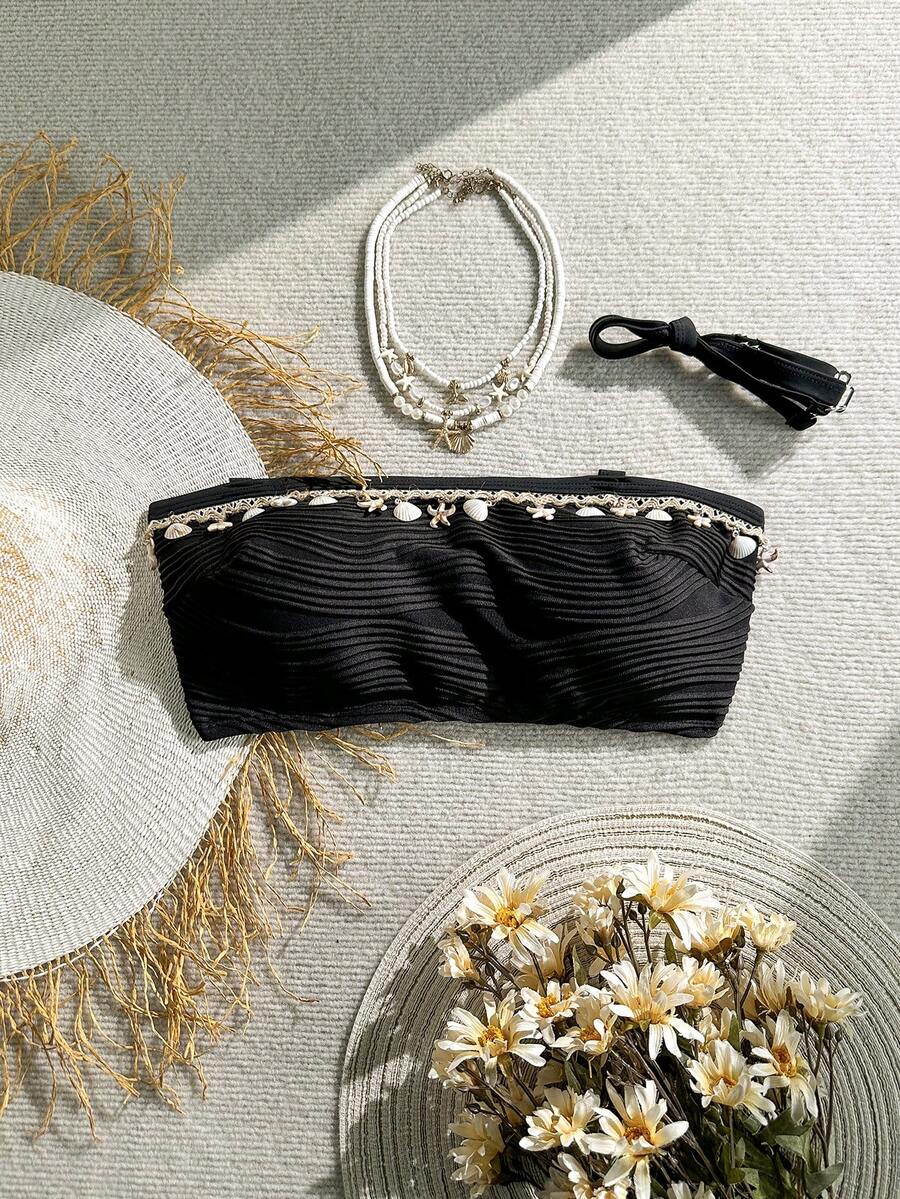 Swim Lushoire Maillot de bain hauts court noir sexy grande taille avec décoration coquille et étoile, dos nu, bretelles ajustables, convient pour la plage, la fête de la piscine pour les femmes - Noir - Voir 1