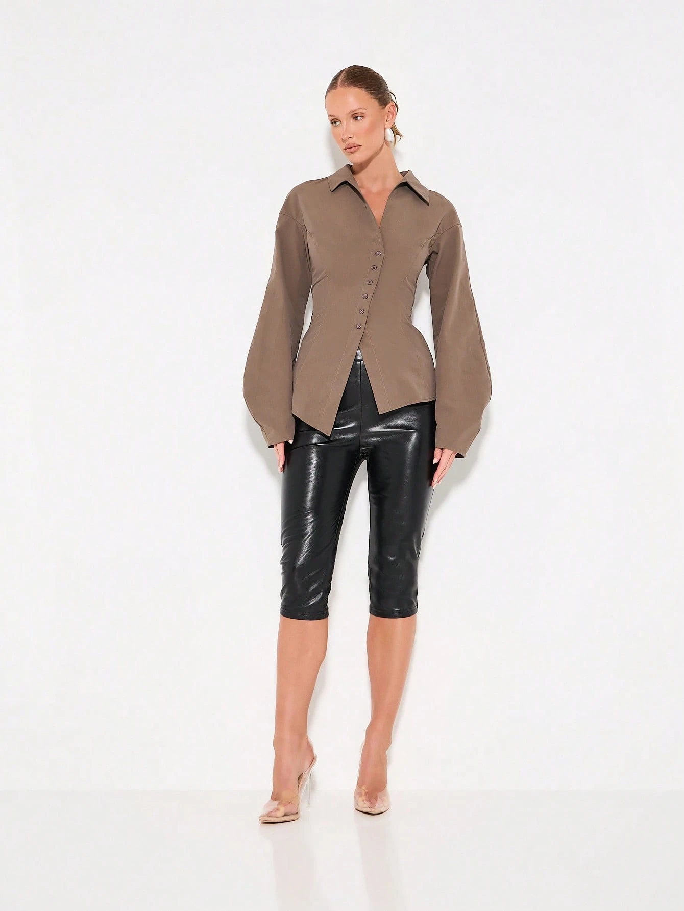 KIZN Poplin Button Down Blouse With Puff Sleeves