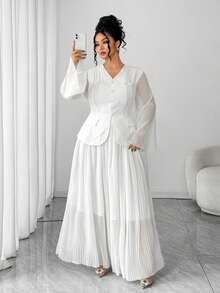 Elenzga Plus Size Women Solid Color Single-Breasted Flare Sleeve Jacket And Midi Skirt Elegant Suit - White - View 1