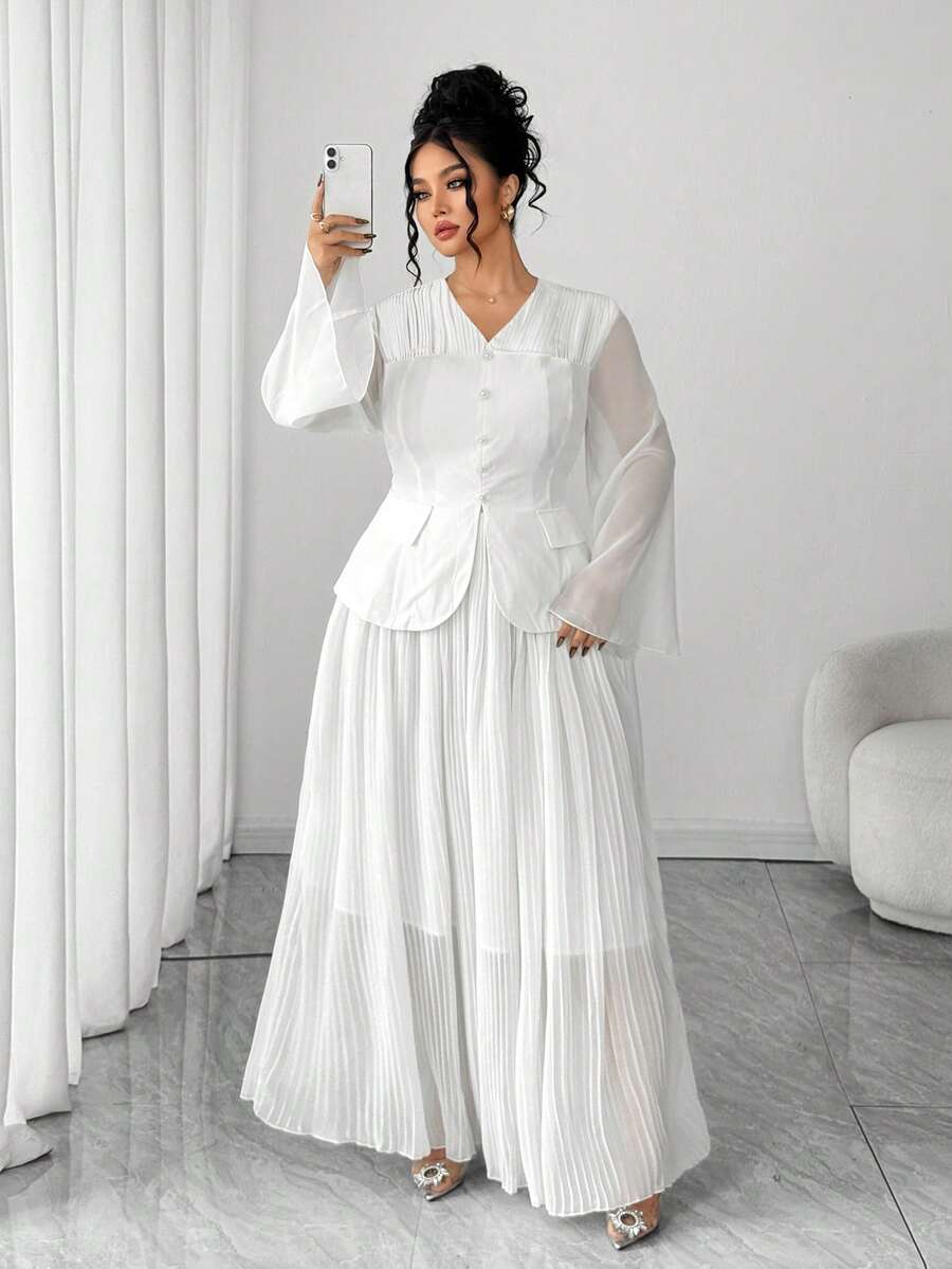 Elenzga Plus Size Women Solid Color Single-Breasted Flare Sleeve Jacket And Midi Skirt Elegant Suit - White - View 1
