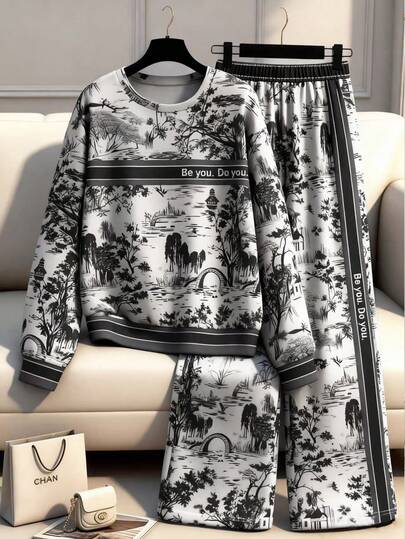 Franclia 大码印花拼接长袖圆领上衣和阔腿裤两件套女装，秋冬款