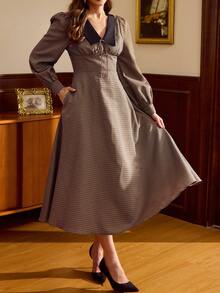 Vintamour Váy nữ cổ điển thanh lịch, váy ve áo ôm sát màu sắc mùa thu/đông, váy nơ, váy kẻ caro, váy xòe tay dài, váy màu cà phê - Cà phê nâu - Xem 6