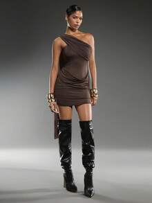 Normani Vestido mini ajustado de unicolor y sexy para mujer - Marrón - Ver 4
